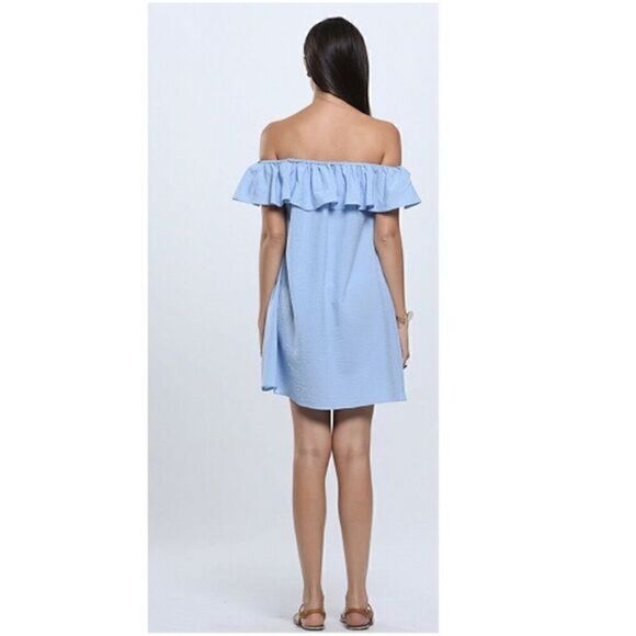 Choies Blue Off Shoulder Ruffle Shift Dress‎ - Picture 3 of 4